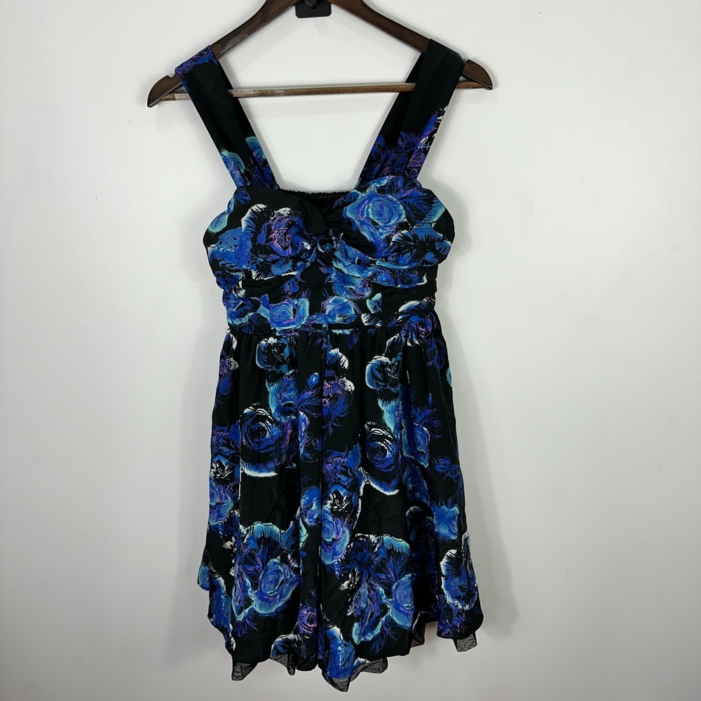 Candie's Floral Mini Dress Womens  M Black Blue Rose Smocked‎ Tulle Goth Party